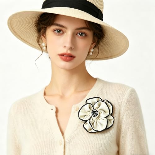 Camellia Flower Brooch Pin for Women Black Flower Brooches Large Fabric Flowers Brooch for Women Dress Accessorie - color: White flower brooch