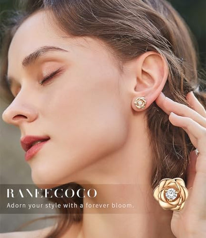 Gold Plated Sterling Silver Rose Flower Earring Studs, Hypoallergenic & Nickel Free Earrings for Women - color: Rose Gold Plated Silver, size: 9.0 Millimeters