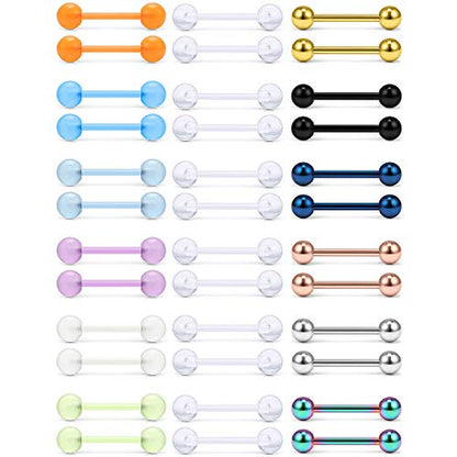 14G 16mm Glow in The Dark Flexible Acrylic Straight Tongue Nipple Ring Retainer Piercing - color: 36PCS - Option D
