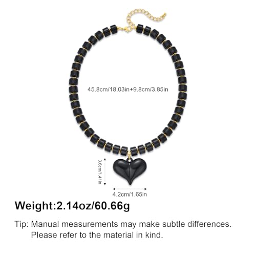 YUJIE Chunky Heart Pendant Necklace for Women- Exaggerated Statement Puff Heart Necklace with Acrylic Beaded Chain - color: black
