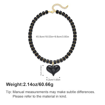 YUJIE Chunky Heart Pendant Necklace for Women- Exaggerated Statement Puff Heart Necklace with Acrylic Beaded Chain - color: black