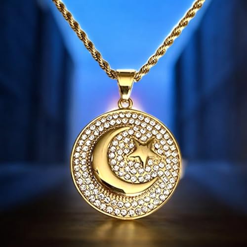 Crescent Moon & Star Pendant Necklace – Men & Women 14k Gold Finish, Iced Out Medallion, 925 Italy Stainless Steel, 2.5mm Rope Chain - size: 18" Necklace