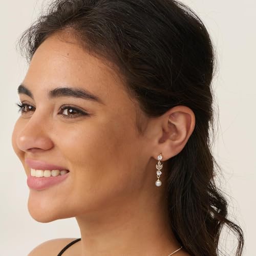 Pearl Earrings - 14K Gold/White Gold/Rose Gold Plated Cubic Zirconia CZ Diaomond Accented Pearl Drop Dangle Earrings for Women Wedding Bridal Prom - color: Leaf Dangle