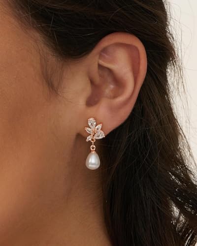 Pearl Earrings - 14K Gold/White Gold/Rose Gold Plated Cubic Zirconia CZ Diaomond Accented Pearl Drop Dangle Earrings for Women Wedding Bridal Prom - color: Rose gold Leaf drop