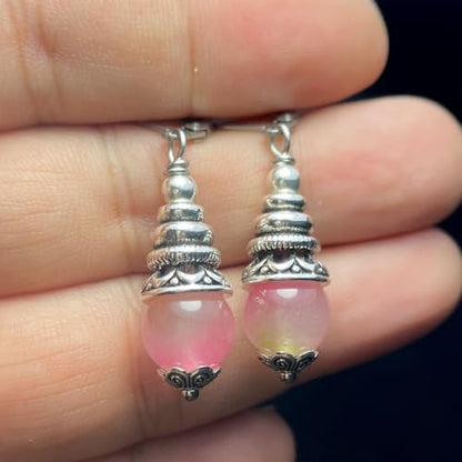 Natural 10mm Stone Beads Drop Earrings,Retro Silver Round Quartz Crystal Gemstone Beads Dangle Earrings for Women - color: A04_Tourmaline