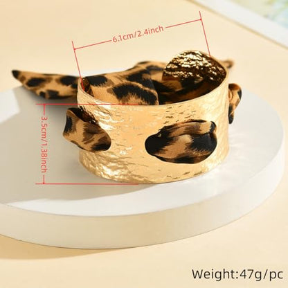 Chunky Gold Hammered Bracelets for Women, Leopard Print Scarf Big Golden Stainless Steel Cuff Bangle Silk Styling Charm Stackable Statement Jewelry Gifts - color: 3.5CM-Gold