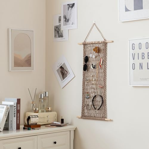 Hanging Jewelry Mesh Organizer with 20 Pieces S Shape Hooks | Macrame,Wall Mounted,Necklaces Storage,Earring Display Rack,Girls Hair Clips Hanger,for Bracelets and Rings, Milk Coffee - color: coffee