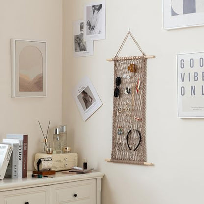 Hanging Jewelry Mesh Organizer with 20 Pieces S Shape Hooks | Macrame,Wall Mounted,Necklaces Storage,Earring Display Rack,Girls Hair Clips Hanger,for Bracelets and Rings, Milk Coffee - color: coffee