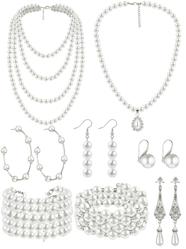 BBTO 8 Pcs Pearl Necklace and Earring Set for Women Faux Pearl Bracelet Costume Jewelry Set for Wedding Bridal Shower Party - style: Refined Style