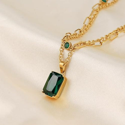 Birthstone Layered Pendant Paperclip Necklace 18k Gold Plated Heart Choker Chain Necklace Emerald Cut Jewelry Birthday Gift for Women - color: Rectangle Emerald