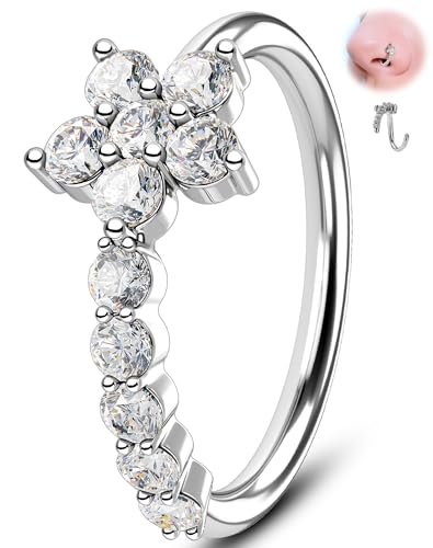 Melighting 20G Butterfly Nose Ring Hoop 8 mm Open Seamless Nose Piercing Jewelry Surgical Steel 316L, Twist Nostril Ring with Marquise and Round CZ, Silver Flower Body Piercing for Women - style: Flower