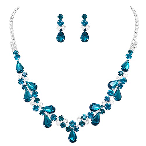 Rosemarie Collections Women's Stunning Rhinestone Crystal Teardrop Statement Necklace Hypoallergenic Drop Earrings Set, 15"+6" Extender - color: Peacock Blue Zircon Silver Tone