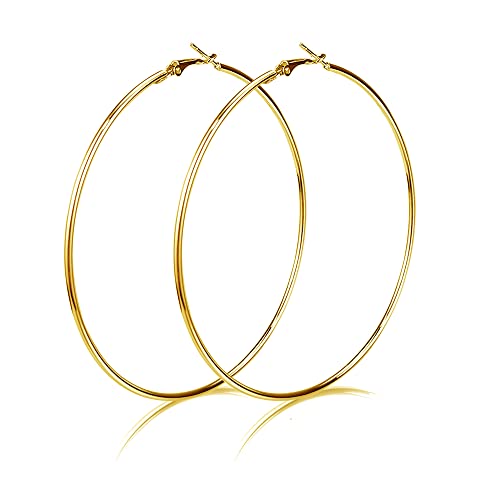 Dainty 100mm 14K Yellow Gold Silver Big Large Hoop Earrings For Women Sensitive Ears Fashion Round Circle Oversize Huggie Hypoallergenic Hoops Minimalist Thin Hooped Statement Jewelry Gifts Bff Birthday - color: Gold