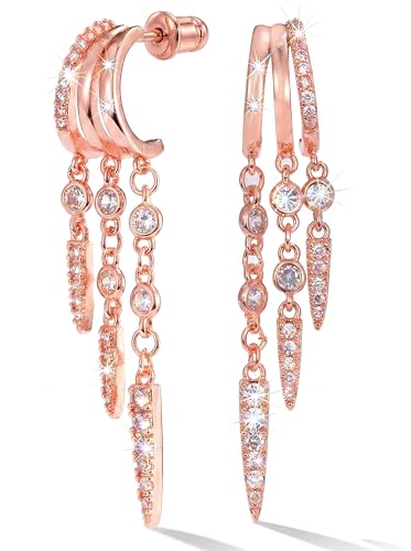 Gold Earrings for Women Trendy 14K Gold Plated Dangle Earrings Small Hoop Huggie Drop Stud Earrings Cubic Zirconia Simple Minimalist Dainty Chain Tassel Hypoallergenic Earrings - color: Tassel & Rose Gold