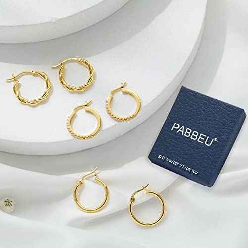 PABBEU 925 Sterling Silver Small Hoop Earrings Set for Women Hypoallergenic | 3Pairs Cubic Zirconia Small Huggie Hoop Earrings Set 13/15/20mm,Nickel-Free Lightweight Comfortable Sleeper Earrings Gift Set - color: 13/15/20mm HMT Gold
