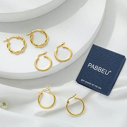 PABBEU 925 Sterling Silver Small Hoop Earrings Set for Women Hypoallergenic | 3Pairs Cubic Zirconia Small Huggie Hoop Earrings Set 13/15/20mm,Nickel-Free Lightweight Comfortable Sleeper Earrings Gift Set - color: 13/15/20mm HMT Gold