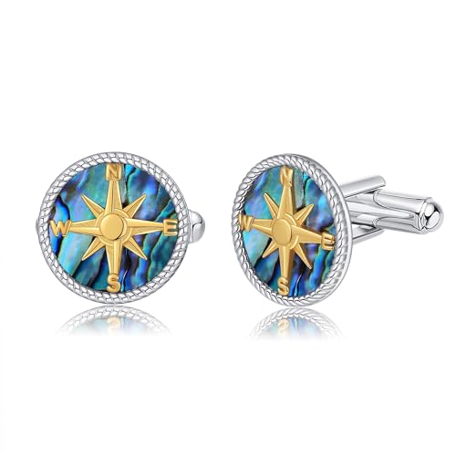 Cufflinks for Men Sterling Silver Abalone Shell Tuxedo Shirt Cuff Links Jewelry for Men Father Business Groomsmen - style: compass