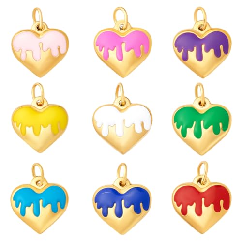 PH PandaHall 9pcs Heart Pendants, 9 Colors Golden Stainless Steel Charm 3D Love Heart Dangle Colorful Enamel Charms for Jewelry Findings Necklaces Bracelets Making
