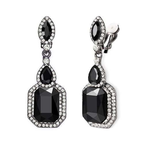 Women's Wedding Bridal Crystal Emerald Cut Infinity Figure 8 Chandelier Clip-On Dangle Earrings - color: Black Black-Tone