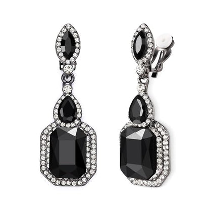 Women's Wedding Bridal Crystal Emerald Cut Infinity Figure 8 Chandelier Clip-On Dangle Earrings - color: Black Black-Tone
