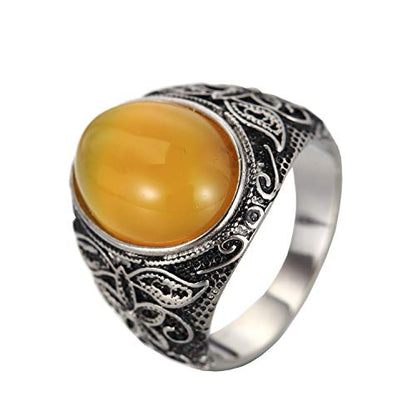 Retro Unisex Stainless Steel Oval Gemstone Hollow Flower Carved Signet Ring - color: Silver-Yellow