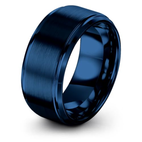 Tungsten Wedding Band Ring Black 10mm Men Women Comfort Fit 18k Rose Gold Step Edge Brushed Polished - color: Blue Tungsten