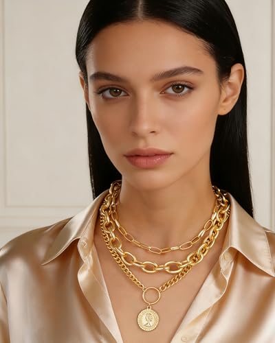 Gold Layered Necklaces for Women Chunky Layered Gold Necklaces Stacked Paperclip Chain Pearl Necklace Herringbone Toggle Clasp Choker Trendy Statement Jewelry Gifts - color: B8:gold stack necklaces