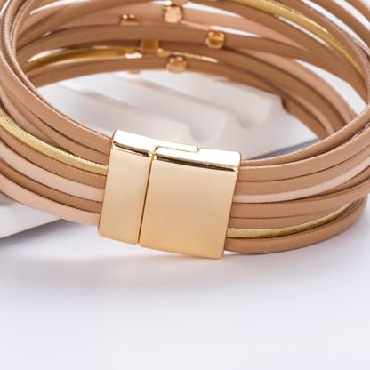 Stackable Beaded Leather Wrap Bracelet Boho Western Country Beach Jewelry | Layered Bead Stack Multi Strand Magnetic Clasp Cuff Bangle Bohemian Hippie Cowgirl Fashion Summer Vacation Outfits for Women - color: Nude