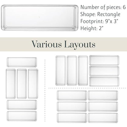 STORi SimpleSort 6-Piece Stackable Clear Drawer Organizer Set | 9" x 3" x 2" Rectangle Trays | Narrow Makeup Vanity Storage Bins and Office Desk Drawer Dividers | Made in USA - size: 9x3x2" (Set of 6)