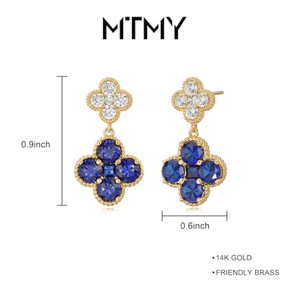 MTMY Dangle Earrings for Women 14K Gold Plated Four Leaf Clover Dangling Drop Birthstone Stud Earrings Trendy Flower Birthstone Jewelry Birthday Gifts - style: Sep.-Sapphire