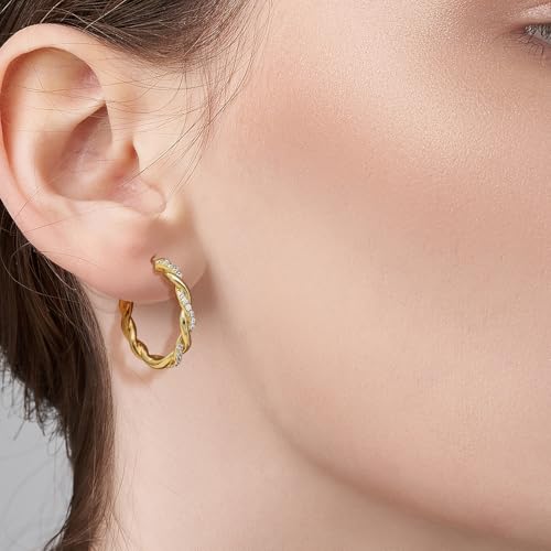 ENROSE Gold Hoop Earrings 14K Gold Earring for Women | Twisted Gold Hoop Earrings Minimalist Diamond Earring Jewelry 29mm*4mm - style: C-GD