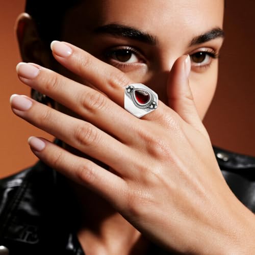 Natural Waterdrop Stone Wide Band Ring,Sterling Silver Genuine Teardrop Crystal Quartz Gemstone Statement Wide Chunky Full Finger Band Ring for Women - color: A01_Garnet