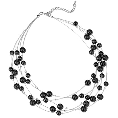 FULU AUTUMN Layered Pearl Necklace Multi-strand Pearl Choker Necklaces for Women Beaded jewelry for Wedding Parties - color: Black
