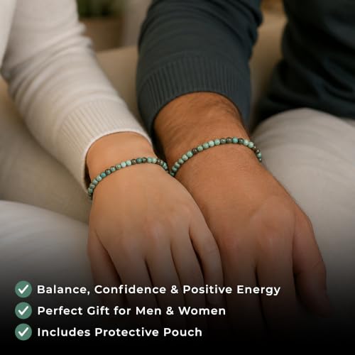 Cherry Tree Collection Gemstone Beaded Bracelets For Women and Men – Promotes Protection, Courage, Focus, Balance & Luck – Available in S, M, L with 4mm Round Beads - color: African Turquoise, size: Medium