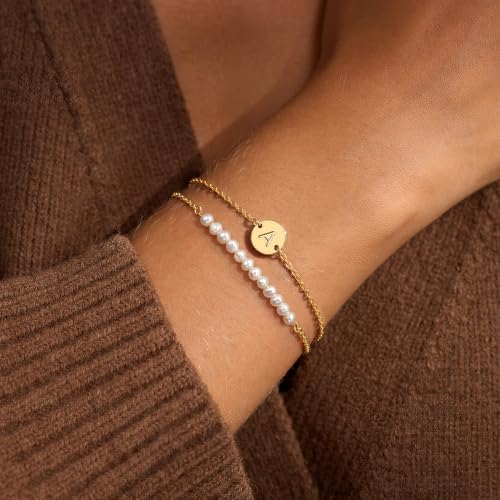 Ritach Gold Initial Bracelets for Women Girls, Freshwater Pearl Bracelet | 14K Gold Plated,Layered Disc Initial Bracelet Stackable Pearl Bracelets for Women Girls,Pearl Jewelry,Birthday Wedding Gifts - color: H