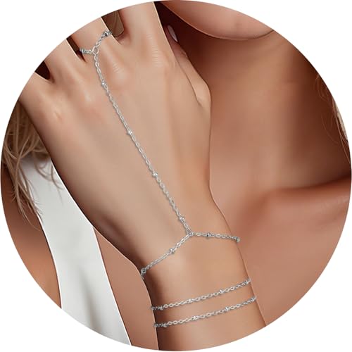 Emibele Gold Bracelets for Women, 18K Gold Plated Hand Chain, Cubic Zirconia Stainless Steel Non Tarnish Hand Chain Bracelet with Finger Ring, Adjustable Trendy Jewelry Valentines Day Gifts for Women - style: Silver