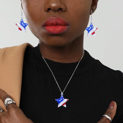 HUJUON American Flag Pendant Necklace Earring Set for Women 4th Of July Butterfly Drop Dangle Hook Earring Independence Day Usa Patriotic Choker Jewelry Gift - color: Star Silver