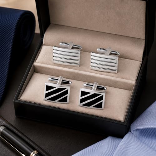 2 Pairs French Cufflinks for Men Luxury Silver Plated Rectangle Shirt Studs with Black Enamel Diagonal Stripes Business Tuxedo Suit Accessories Modern Grooved Line Set