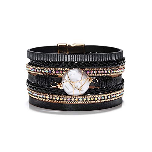 Fesciory Leather Wrap Bracelet for Women, Boho Western Layered Cuff Jewelry | Stackable Bracelets, Easy-On Clasp, Daily Wear, Pairs with Boho Western Outfits, Gift for Women - color: Black15