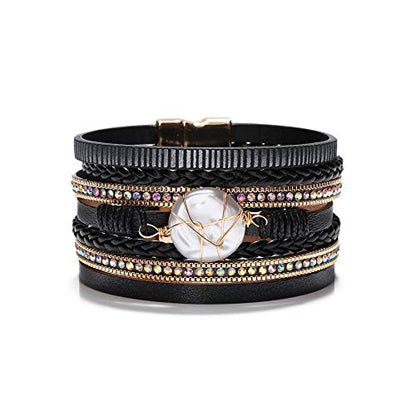 Fesciory Leather Wrap Bracelet for Women, Boho Western Layered Cuff Jewelry | Stackable Bracelets, Easy-On Clasp, Daily Wear, Pairs with Boho Western Outfits, Gift for Women - color: Black15