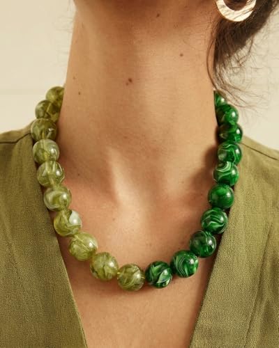 Chunky Beaded Choker Necklace for Women Boho Statement Necklace with Large Pearl Blue Brown Tone Resin Beads Summer Beach Jewelry Gifts - color: Two-Tone Green