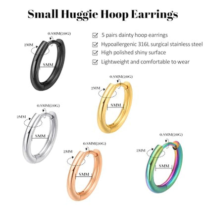 316L Surgical Steel Huggie Hoop Earrings | Dainty Pave Cubic Zirconia Cartilage Tiny Earring for Sensitive Ears Hypoallergenic Lightweight for Women Men - style: 5 colors,20G*8mm