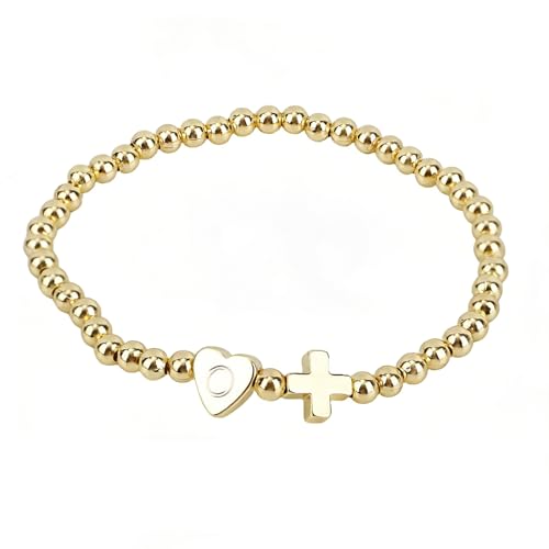 Mikovivi Women's Cross Bracelet with Initial Beads, Elastic Heart Alphabet Charm Stackable Beaded Bracelet Religious Christian Jewelry Gift - style: Letter O