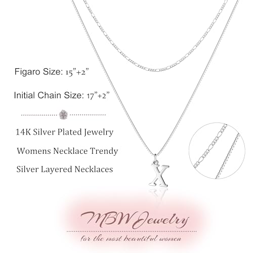 MBW Dainty Silver Layered Initial A-Z Pendant Necklaces for Women Thin | Simple Waterproof 925 Silver Plated Necklace Figaro Choker Monogram Name Jewelry Set Personalized - color: Silver InitIal NK-X