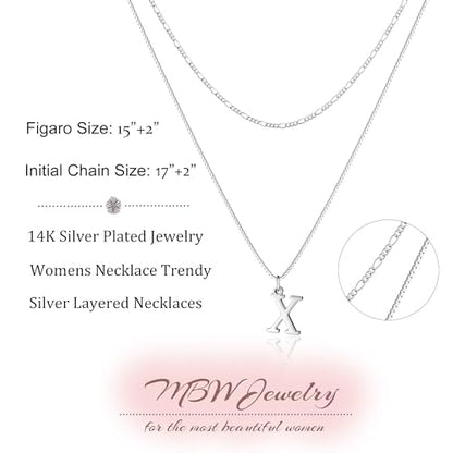 MBW Dainty Silver Layered Initial A-Z Pendant Necklaces for Women Thin | Simple Waterproof 925 Silver Plated Necklace Figaro Choker Monogram Name Jewelry Set Personalized - color: Silver InitIal NK-X