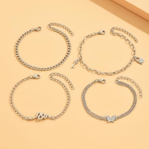 4 Pcs Layered Silver Tone Anklets for Women Trendy Butterfly Snake Lock Key Charms Ankle Bracelets Set Adjustable Summer Beach Vacation Foot Jewelry