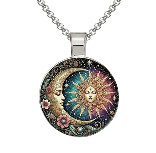 Intricate Highly Detailed Small Rainbow Celestial Sun Moon Boho Printed Pendant, Stainless Steel Chain Necklace, Length Choices - size: 18 inches long