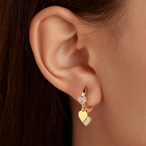 LOVECOM 925 Sterling Silver Heart Dangle Earrings for Women 14K Gold Plated Dainty CZ Love Hearts Charm Huggie Hoop Earrings to Daughter Birthday Wedding Graduation Gifts Jewelry Gifts - color: Glod