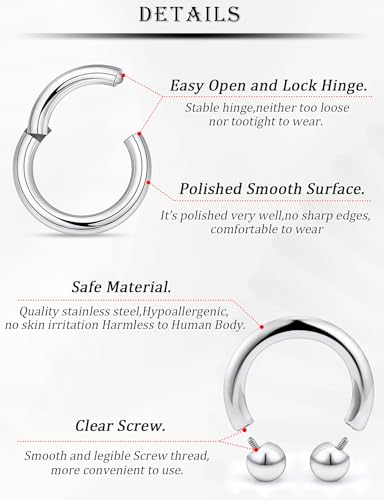 18G-2G Septum Rings 316L Surgical Steel Horseshoe Gauges Earrings Septum Nose Ring Silver Cartilage Helix Tragus Daith Rook Earring Hoop Lip Piercing Jewelry for Women Men - style: 10G(2.5mm)-Dia:12mm