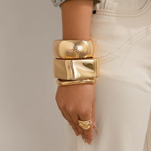 Big Chunky Gold Bracelets Set for Women 3Pcs Cuff Wide Bracelet Trendy High Shine Bracelets Minimalist Open Wide Cuff Bracelets Gold Bangle Bracelet Jewelry for Women - style: C-Gold